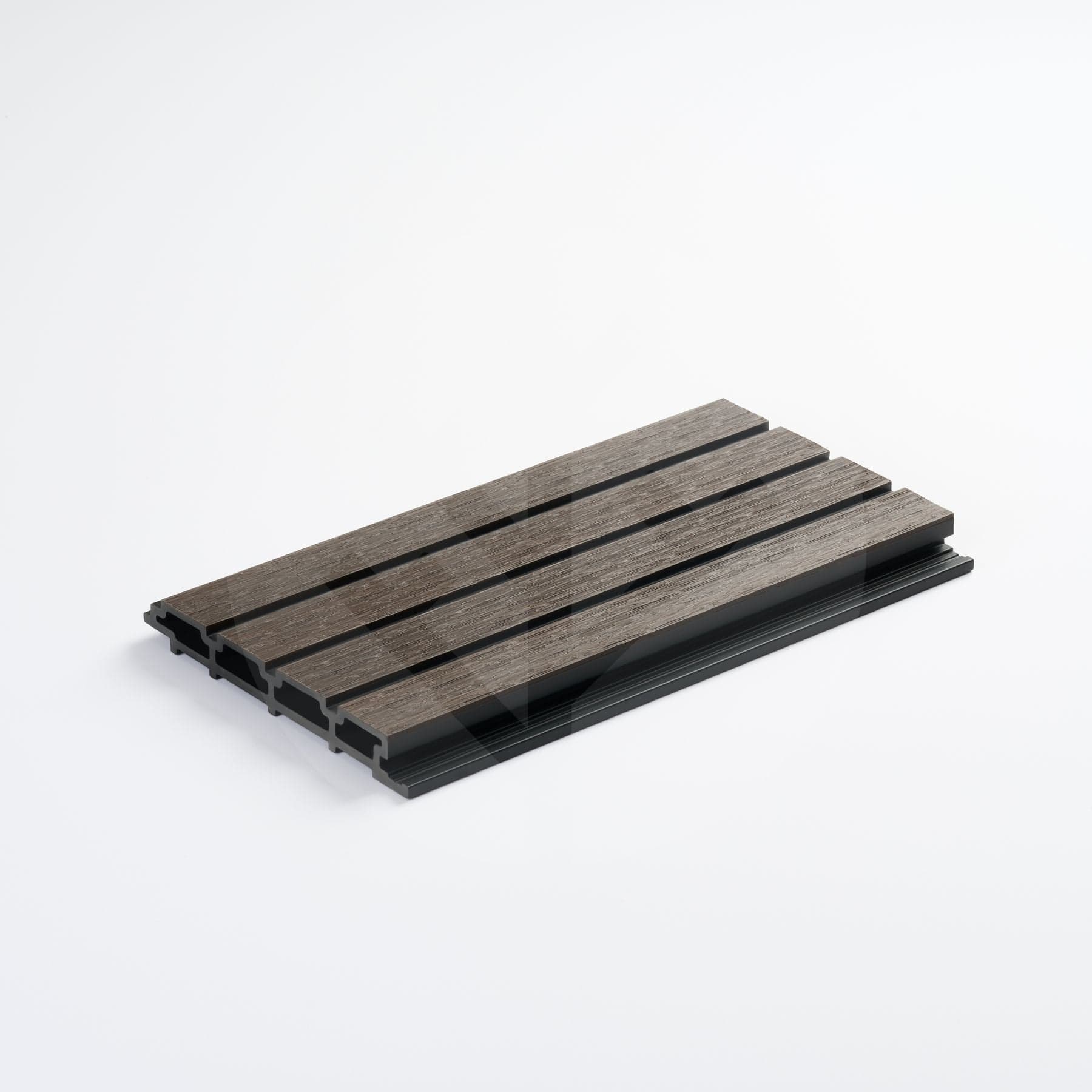 Close-up of Plaank black sample piece showing smooth composite finish and panel profile