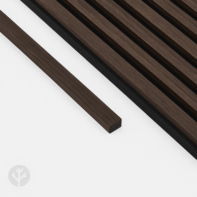 Multiple Acupanel smoked oak end piece trims bundled together showing matching grain pattern