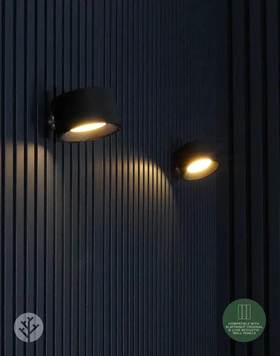 Acupanel Glow beam light switched off mounted on oak slat wall showing discreet profile
