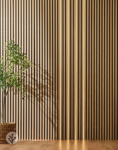 Close-up of Acupanel Glow LED strip light installed between oak slats showing warm glow detail