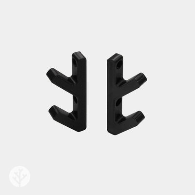 Front view of two black 3D hooks showing tree-branch forked design with screw holes