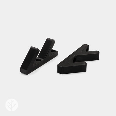 Two black 3D hooks shown from angled perspective revealing the V-shaped mounting profile