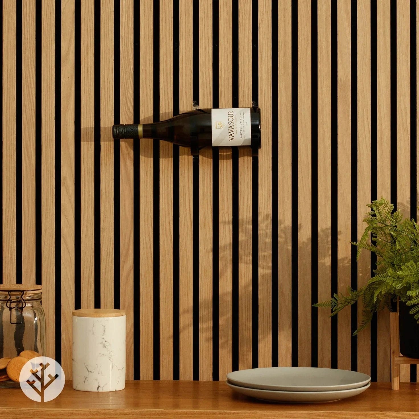 Wine rack installed on Acupanel wall in kitchen setting with bottle displayed at angle