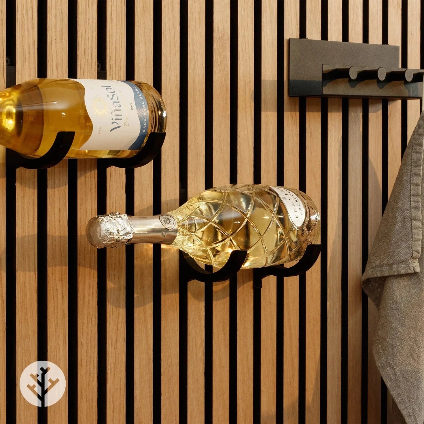 Two black wine rack brackets flat lay on white background showing included two-pack contents