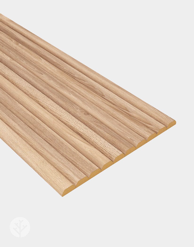Flutto oak slat panel cross-section showing real wood veneer on flexible MDF substrate