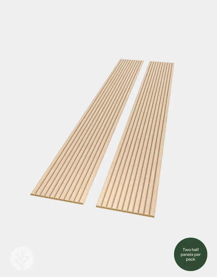 Living room with Flutto oak slat panels wrapping around curved wall showing flexible application
