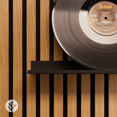 Large ledge shelf front view on oak Acupanel showing generous display surface for decor items