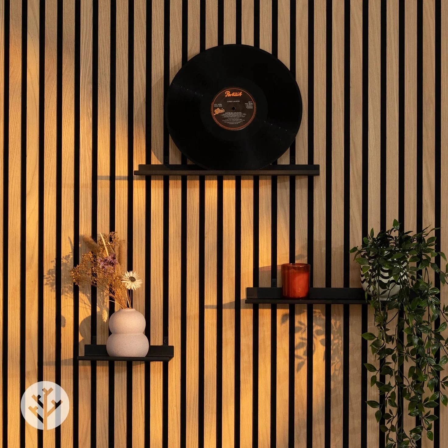Close-up of large ledge shelf edge showing matte black powder-coated steel finish quality