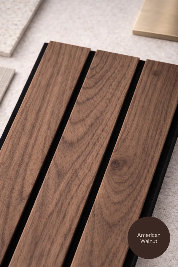 Wooden slat surface with 'American Walnut' label on a neutral background