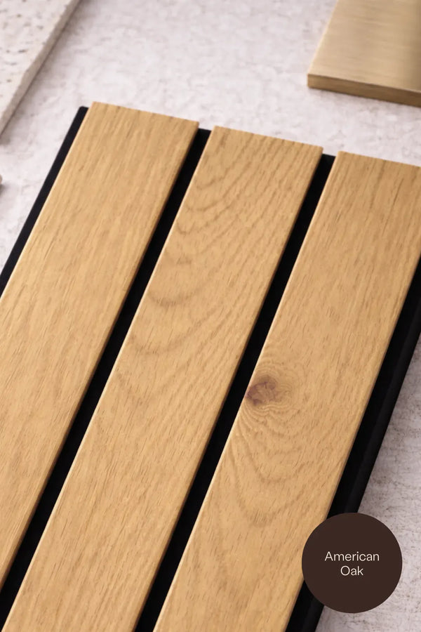 Close-up of wooden slats with 'American Oak' label on a light background