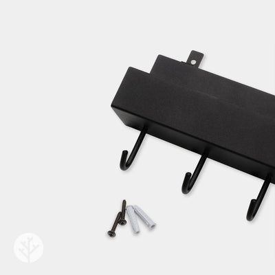 Feature infographic showing shelf with hooks specifications weight capacity and compatibility