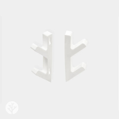 Front view of white 3D hooks showing tree-branch forked design with screw mounting holes