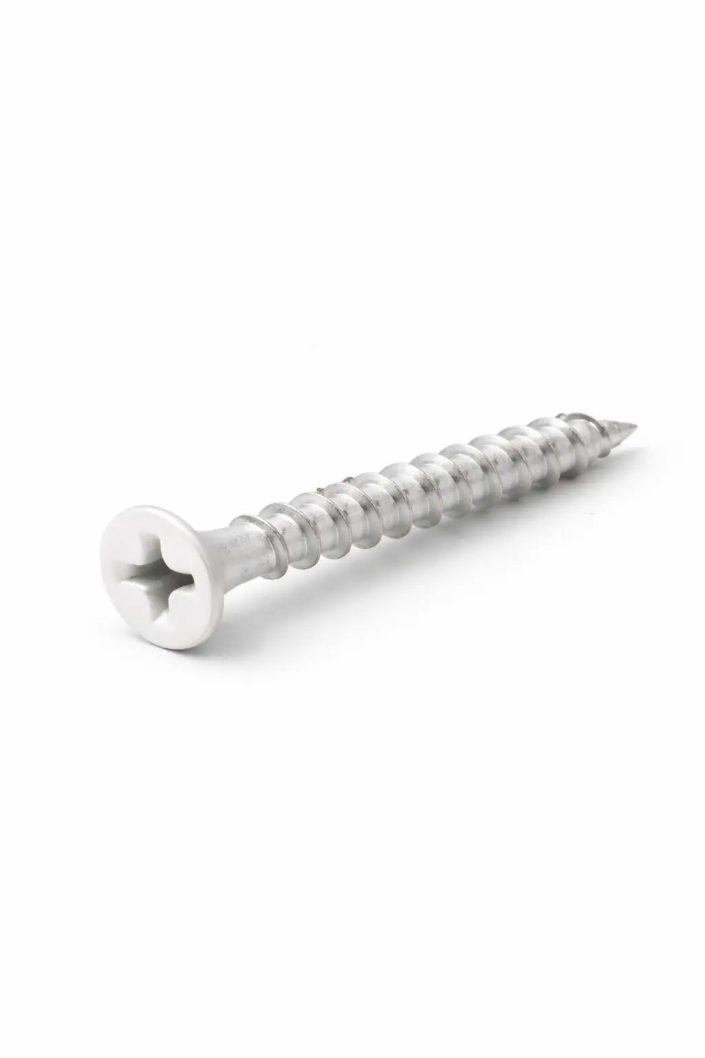 Close-up comparing white screw head to white Acupanel slat showing colour-matched finish