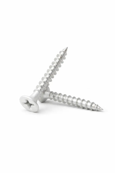 Single white 30mm Phillips head interior screw for white Acupanel slat panels close-up